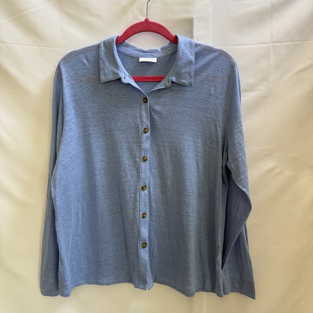 J JILL Love Linen Top Womens size L Blue Collar Button‎ Down Long Sleeve Blouse